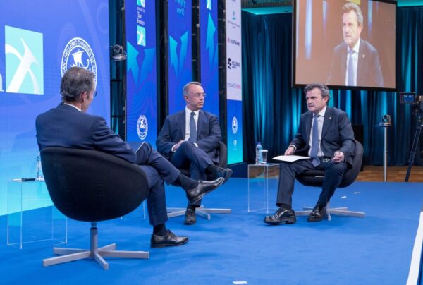 Ch. Staikouras, Minister of Finance, N. Bakatselos, President, American-Hellenic Chamber of Commerce, I. Stavropoulos at the 18th Tax Forum organized by the American-Hellenic Chamber of Commerce, November 2022 